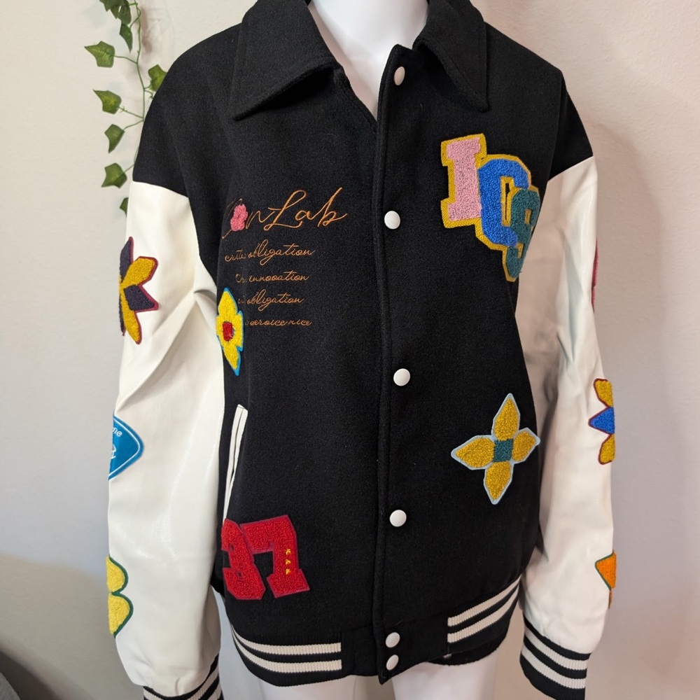 Iconslab Flower Contrast Lapel Baseball Jersey bomber Varsity Jacket NWT - Picture 2 of 10